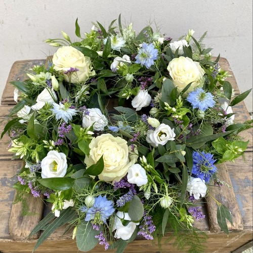 Seasonal Blue & White Wreath Design